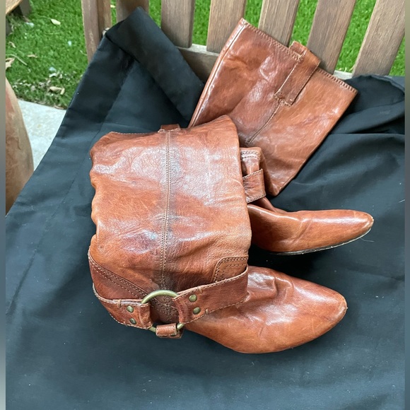 Frye Steffi Harness Crinkled Leather Moto Knee High Tall Kitten Heel Boots 6.5 - Picture 3 of 16